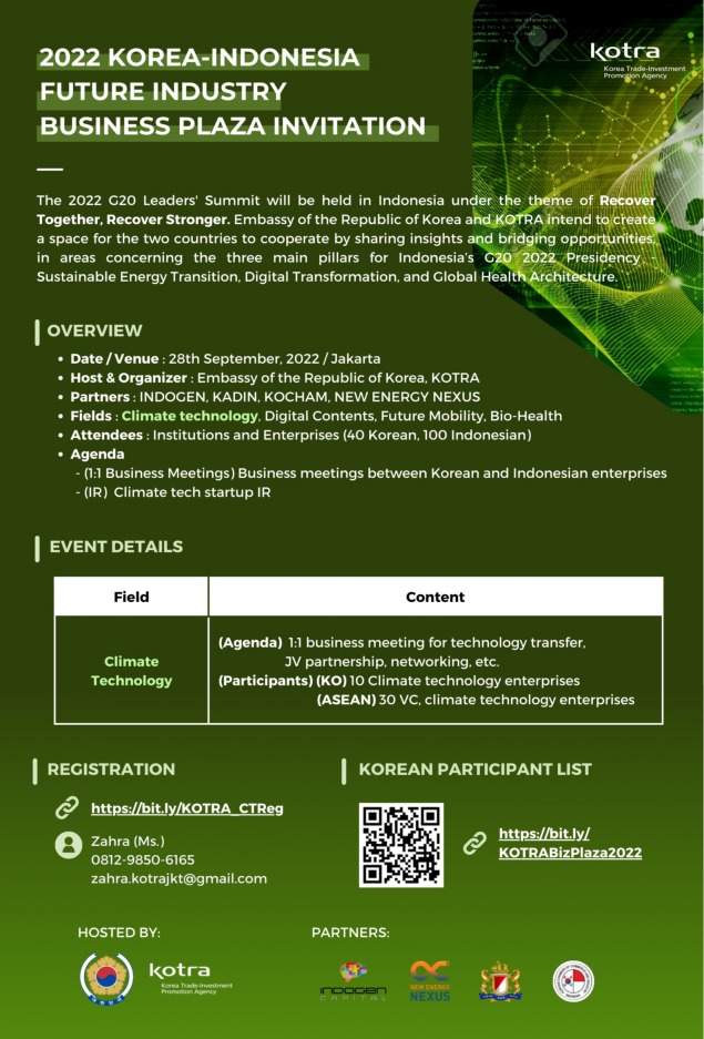 KOR-INA Future Industry Business Plaza 2022 Invitation, Korea-Indonesia Future Industry Business Plaza 2022 [Category 1: Climate Technology]