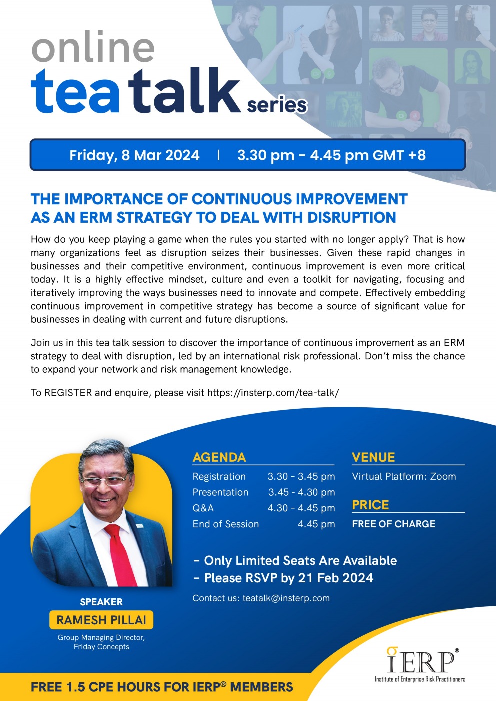 IERP Tea Talk importance of continuous improve as an erm strategy, The IERP's Online Tea Talk Series 2024 - The Importance of Continuous Improvement as an ERM Strategy to Deal with Disruption