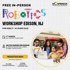 In-person Free Robotics Workshop in Edison, NJ by Moonpreneur