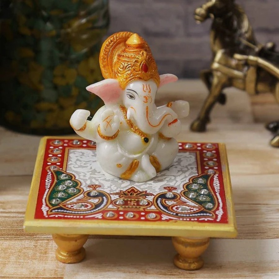 Marble Lord Ganesha Idol With Crown Peacock Design Chowki