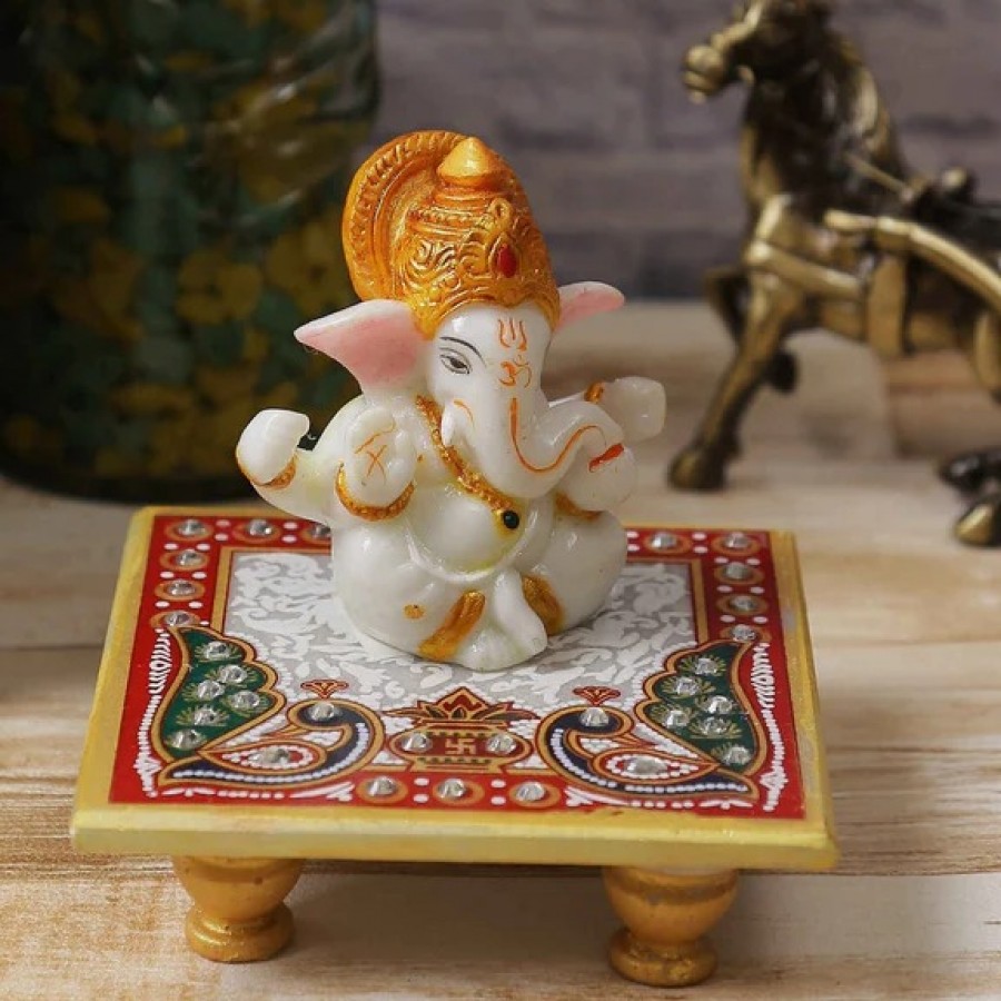 Marble Lord Ganesha Idol With Crown Peacock Design Chowki