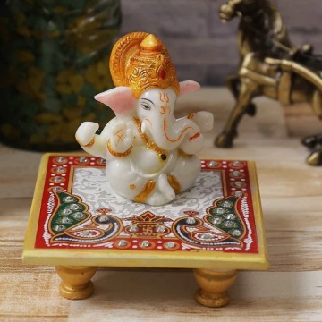 Marble Lord Ganesha Idol With Crown Peacock Design Chowki